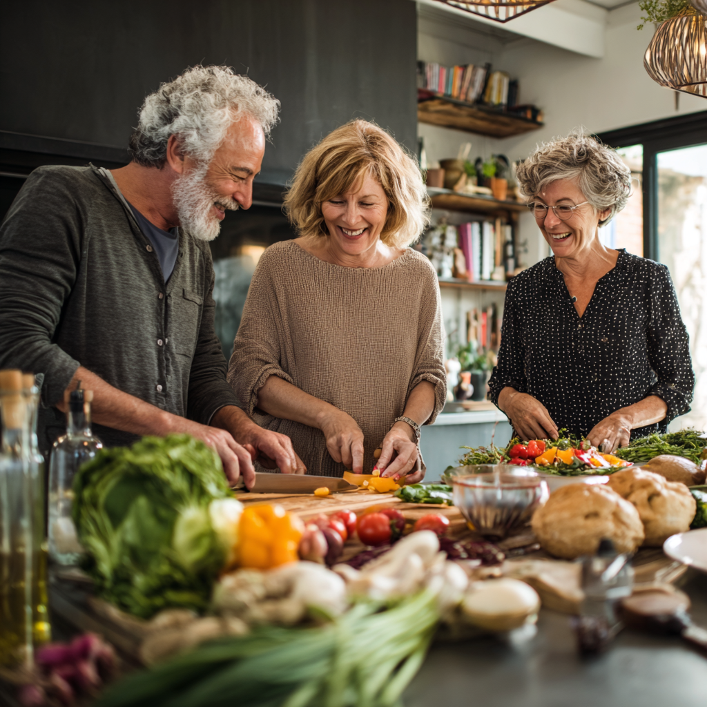 Middle-aged adults preparing healthy meals together in modern kitchen