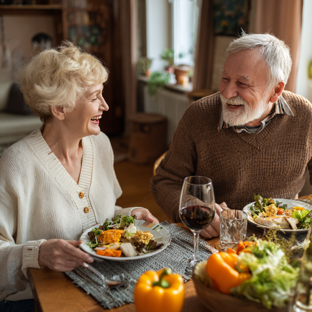 Older adults enjoying balanced meal in comfortable home setting